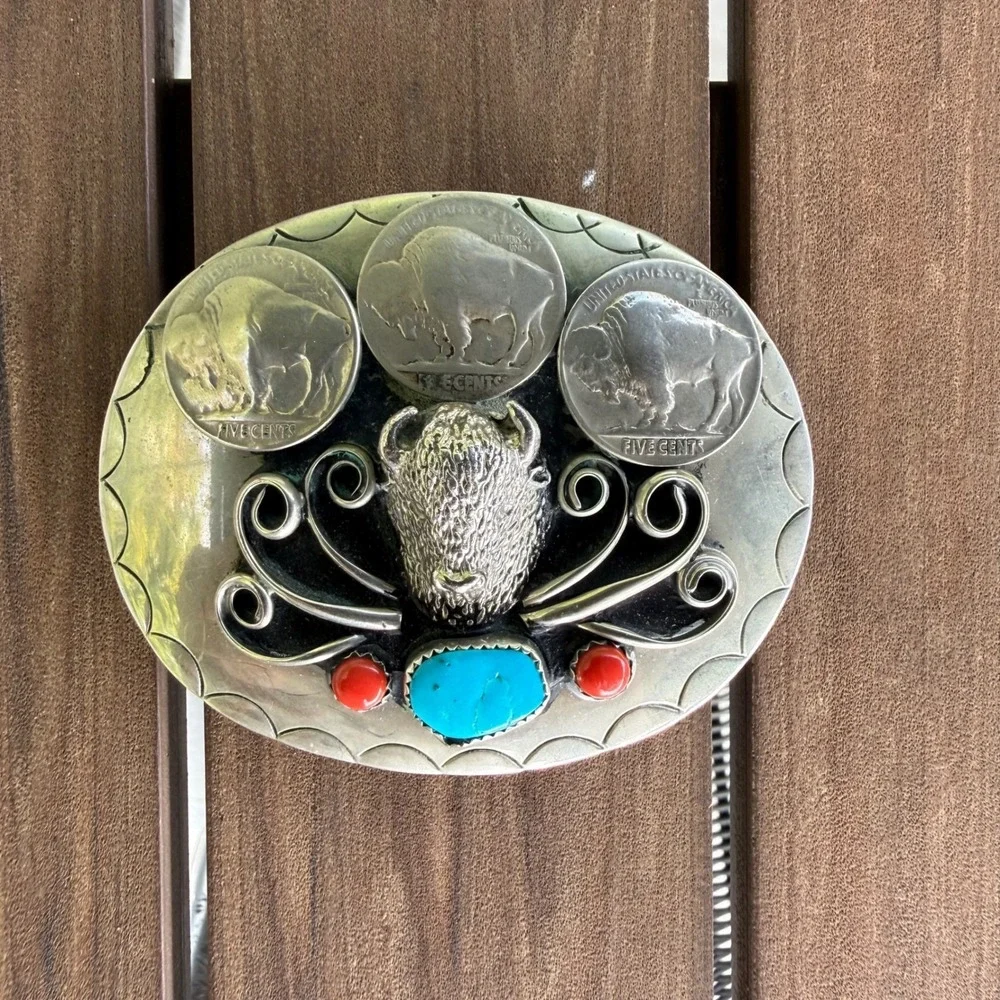 Vintage Buffalo Nickel Belt Buckle Turquoise Coral Southwestern Western Silver